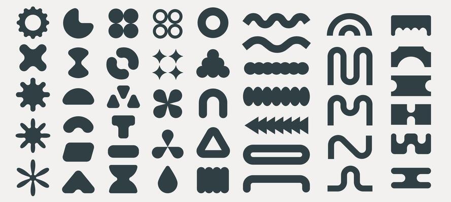 Modern geometric shapes. Minimalist abstract figures, brutalist 3D basic shapes and lines, minimal modern simple forms. collection. Bauhaus and y2k poster style trendy primitive figures