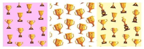 8 bit winner cup pattern. Retro seamless pixel game background with gold trophy reward, winner award game asset. old arcade print. Pixel art textures with sport golden goblets vector