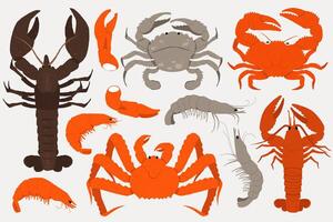 Crabs and lobsters seafood. Cartoon doodle crustaceans, traditional fishery products for menu restaurant, comic characters with claws. isolated set vector