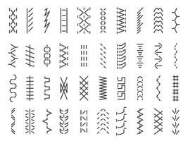 Sewing machine stitches. Embroidery zigzag straight overlock and fringe details, sewing textile ornament and seam structure. isolated set. Stitch pattern thread borders, needlework texture vector