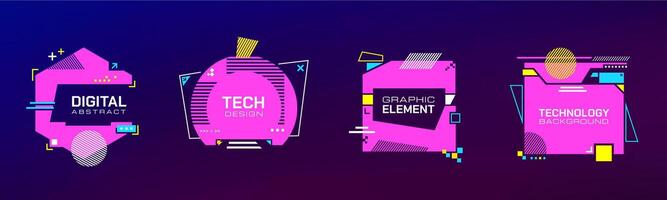 Tech banners. Futuristic digital glitchy borders with tech geometric shapes futuristic HUD elements UI design. post-apocalyptic templates. Modern glitch technology cyberpunk promotion frames vector