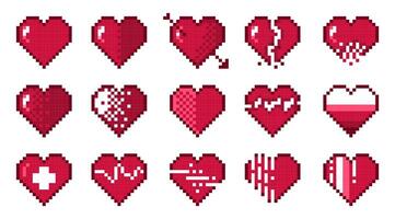 Pixel hearts. Retro 8 bit abstract love symbols, pixelated romance and friendship heart icons, 2D pixel art game asset. isolated set. Broken heart and with amour arrow valentine day sign vector