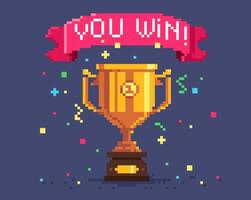 Pixel winner cup background. Cartoon retro gold metal trophy with red ribbon ribbon, 8 bit game winner trophy asset. congratulation illustration. Vintage game screen with golden goblet vector