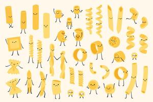 Cartoon pasta characters. Cute funny Italian food mascots with happy faces, different types of macaroni and spaghetti, noodle, penne, fusilli and rigatoni, funny ravioli. isolated set. vector