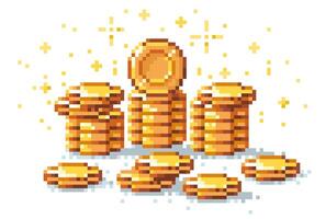 Pixel coins stack. Retro 8 bit game golden coin pile, 2D sprite asset for arcade game design. isolated collection of money heap. Investment, banking and fortune, prize gambling concept vector