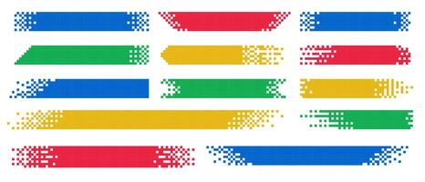 Pixel banner. Header, footer color layout with mosaic edges. Horizontal title tags with pixels. Labels pixelated decoration advertising elements. Rectangular dotted shapes isolated set vector