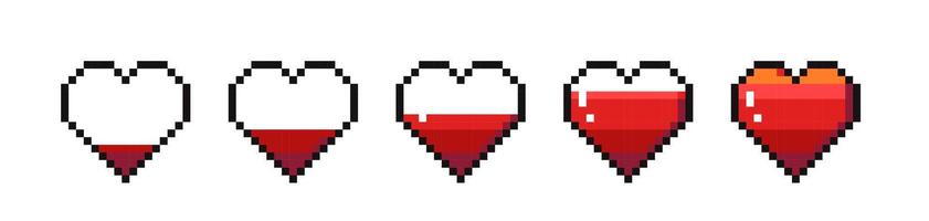 Pixel life bar heart icons. Retro game health bar energy meter, gamer life and mana energy, retro 8 bit console game heart design. set. Lovers like level isolated symbol vector