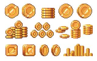 Golden coin pixel art. Round shiny vintage metal money, retro 8 bit game coins asset, cartoon old school metal treasure, bit app asset. isolated set. Reward and prize gambling elements vector