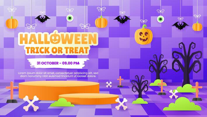 Spooky Halloween Sale Promotion Poster Template with Podium, Pumpkins, Ghost and Bat. Perfect for Website or Banner Use. Illustration, EPS 10.