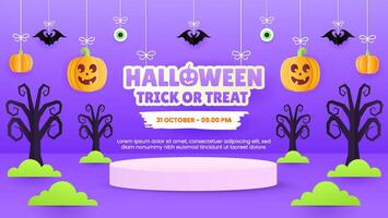 Halloween greeting card template with podium is suitable for flyers and banners with attractive hanging halloween design elements. EPS 10 vector