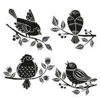 Set of silhouettes of a spring bird sitting on a branch with flowers and berries in linocut style. Folk birds illustration vector