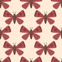 Seamless pattern with autumn cute and cozy design elements. Factory pattern with red night butterflies moths in warm colors isolated on beige background vector