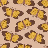 Seamless pattern with autumn cute and cozy design elements. Factory pattern with yellow night butterflies moths in warm colors isolated on beige background vector