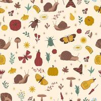 Seamless pattern with Autumn cute and cozy design elements. Factory pattern with snails, leaves and mushrooms in warm shades vector