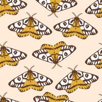 Seamless pattern with autumn cute and cozy design elements. Factory pattern with yellow night butterflies moths in warm colors isolated on beige background vector