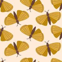 Seamless pattern with autumn cute and cozy design elements. Factory pattern with yellow night butterflies moths in warm colors isolated on beige background vector