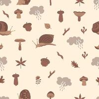 Seamless pattern with Autumn cute and cozy design elements. Factory pattern with snails, leaves and mushrooms in warm shades vector