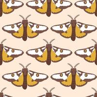 Seamless pattern with autumn cute and cozy design elements. Factory pattern with yellow night butterflies moths in warm colors isolated on beige background vector