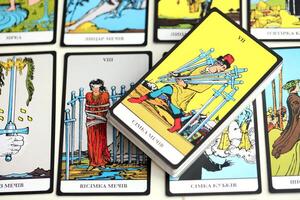 KYIV, UKRAINE - JULY 10, 2024 Tarot minor and major arcana cards of Rider Waite esoteric deck. Many tarot cards for fortune telling and esoteric actions photo