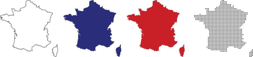 France map in various style outline, blue color, red color, dotted vector