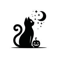 Black Cat Silhouette with Halloween Symbols, Moon, Spooky Cauldron, and Jack-o'-Lantern Design vector