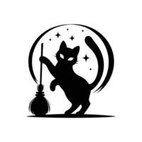 Black Cat Silhouette with Halloween Symbols, Moon, Spooky Cauldron, and Jack-o'-Lantern Design vector