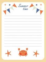 page template for diary entries with a funny crab and starfish vector