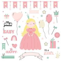 cute set of elements for a girl with a princess in pink color vector