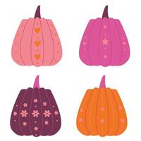 a set of bright multi-colored pumpkins with different ornaments on a white background vector