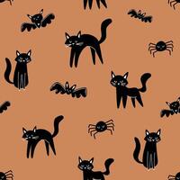 Seamless pattern with cats and bats. Cute halloween pattern in hand drawn cartoon style. Magic illustration with spiders, black cats, bats vector