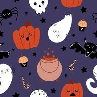 Seamless pattern with halloween attributes. Cute halloween pattern in hand drawn cartoon style. Magic illustration with pumpkins, cauldron, potion, spider, bat, stars, skull vector