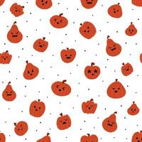 Seamless pattern with pumpkins and dots. Cute halloween pattern in hand drawn cartoon style. Magic illustration with pumpkins and different emotions vector