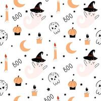Seamless pattern with ghosts. Cute halloween pattern in hand drawn cartoon style. Magic illustration with pumpkins, skull, candle, crescent moon, boo and stars vector