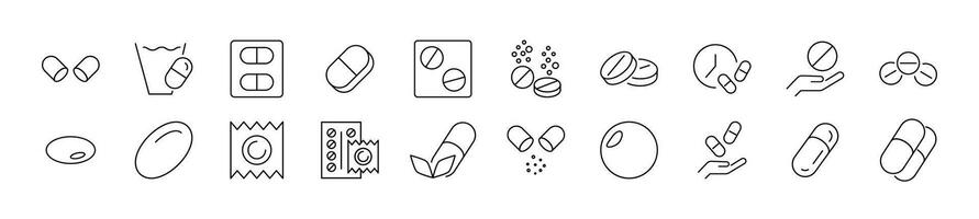 Collection of thin line icons of medications, pills, drugs. Editable stroke. Simple linear illustration for web sites, newspapers, articles book vector