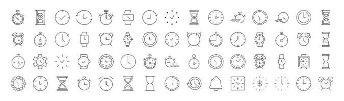 Collection of Icons of clock, alarm clock, hourglass for Shops and Stores. Suitable for books, stores, shops. Editable stroke in minimalistic outline style. Symbol for design vector