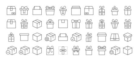 Line Signs of boxes and giftboxes as holiday and delivery symbols for Advertisement. Suitable for books, stores, shops. Editable stroke in minimalistic outline style. Symbol for design vector