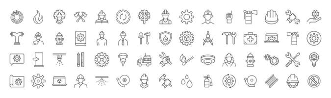 Collection of Icons of firefighter, engineer, builder. Suitable for books, stores, shops. Editable stroke in minimalistic outline style. Symbol for design vector