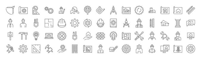 Collection of Line Signs of builder, engineer, repair and renovation. Suitable for books, stores, shops. Editable stroke in minimalistic outline style. Symbol for design vector