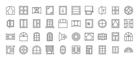 Collection of icons of various windows as part of house for Advertisement. Suitable for books, stores, shops. Editable stroke in minimalistic outline style. Symbol for design vector