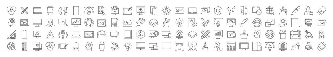 Signs of programming, coding, web design, engineering for Shops and Stores. Suitable for books, stores, shops. Editable stroke in minimalistic outline style. Symbol for design vector