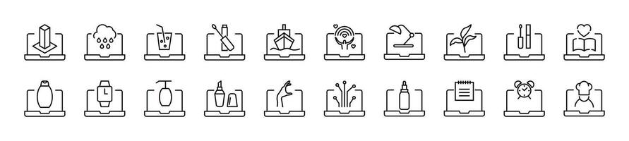 Items on laptop linear icons collection. Editable stroke. Simple linear illustration for web sites, newspapers, articles book vector