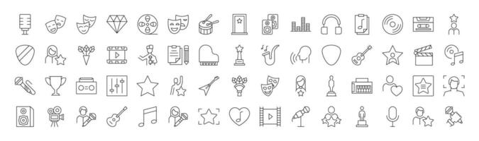 Collection of Icons of actor, singer, music and theatre for Shops and Stores. Suitable for books, stores, shops. Editable stroke in minimalistic outline style. Symbol for design vector