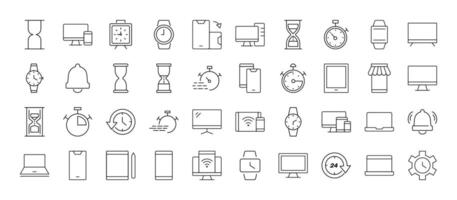 Line Signs of timer, clock, computer, phone, smartwatch for Adverts. Suitable for books, stores, shops. Editable stroke in minimalistic outline style. Symbol for design vector