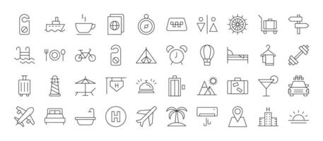 Collection of Line Icons of hotel, vacation, travel for Adverts. Suitable for books, stores, shops. Editable stroke in minimalistic outline style. Symbol for design vector