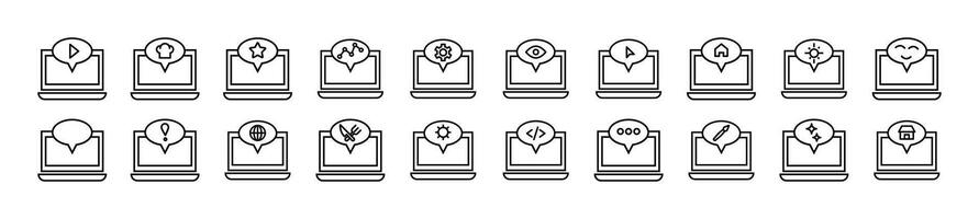 Collection of thin signs of laptop and speech bubble. Editable stroke. Simple linear illustration for stores, shops, banners, design vector