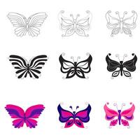 Set of butterflies in different flat, silhouette, doodle styles. illustration isolated on white background. vector