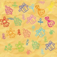 A pattern design featuring gift boxes, flowers, leaves, and trees, set against a paper-like background in various colors. The elements are arranged in a harmonious layout vector