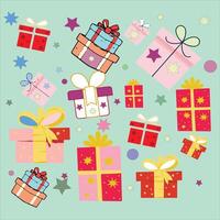 A image depicting colorful gift-wrapped boxes adorned with ribbons, surrounded by vibrant stars, creating a festive and lively scene. vector