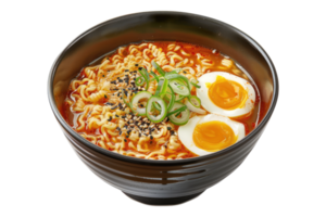 Ramen noodle soup with eggs isolated on transparent background. png