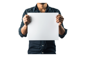 Close up of man holding blank white paper for writing issues or demands isolated on transparent background. png